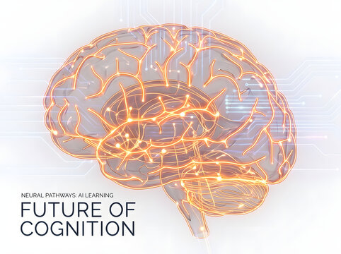Transparent brain with glowing neural pathways future of cognition artificial intelligence learning.