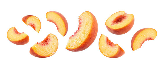 Falling peach slices isolated on transparent background © Photo Find