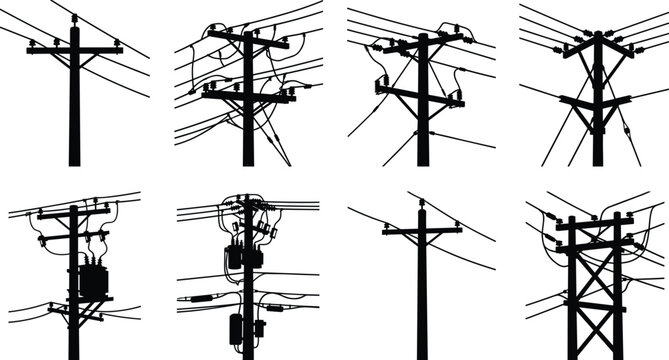 Collection of black silhouette electrical utility poles and power line distribution infrastructure icons
