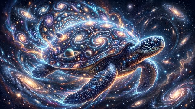 Cosmic Turtle Carrying Galaxies Through the Infinite Universe Fantasy Illustration