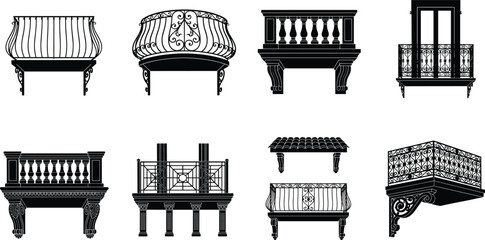 Collection of black architectural balcony silhouettes featuring wrought iron railings classical balustrades and vintage terrace elements © MstAlimoon