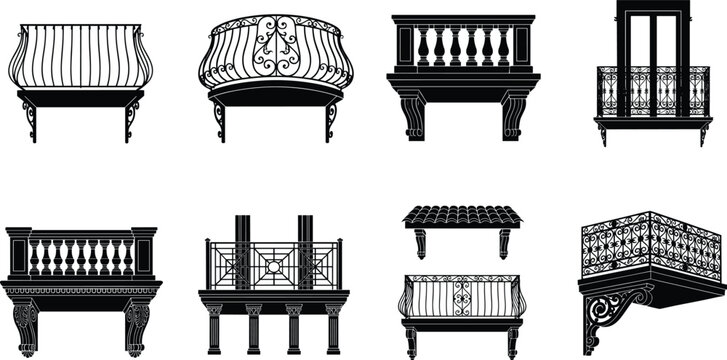 Collection of black architectural balcony silhouettes featuring wrought iron railings classical balustrades and vintage terrace elements
