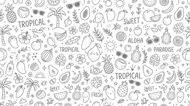 Doodle Tropical Fruits Pattern, Summer Vacation, Aloha Paradise, Fresh Sweet Food, Hand Drawn Vector Illustration