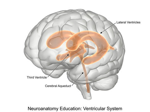 Illustration showing human brain ventricular system with labeled internal anatomy parts.