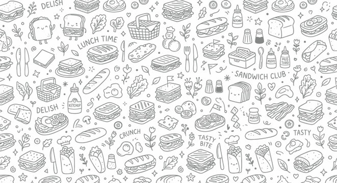 Doodle Pattern of Delicious Sandwiches, Lunch Items, and Food Icons on White Background