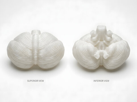 Superior and inferior views of isolated white cerebellum model for medical education use.
