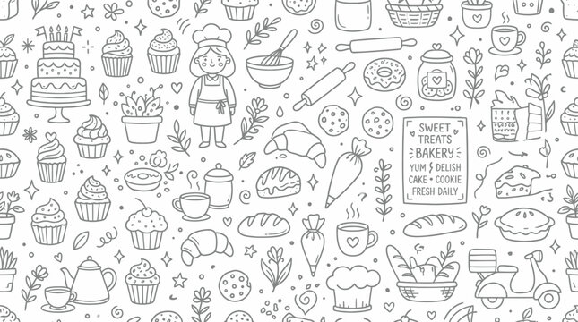 Hand-Drawn Bakery Pattern: Cute Chef, Cakes, Croissants, Muffins, Cookies, Coffee, and Baking Tools
