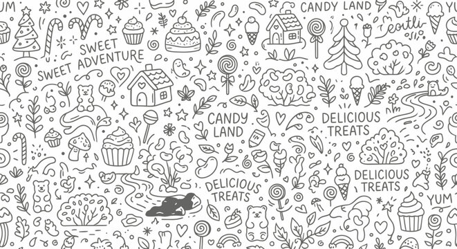 Whimsical Candy Land Doodle Pattern: Sweet Treats, Gummy Bears, Cupcakes, Candy Canes, Houses, Trees