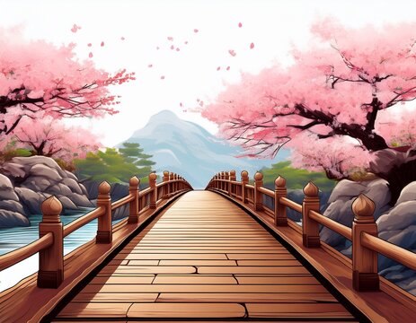 wooden bridge scene with cherry blossoms hanami cherry blossom festival white background isolated on white backgrounfile