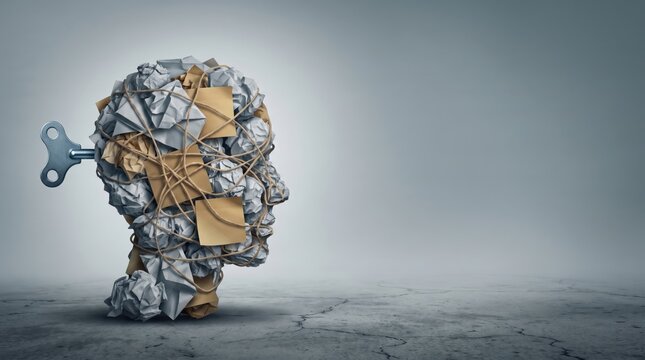 Head made of crumpled paper and string with wind-up key