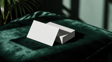 Obraz premium Stack of blank white business cards rests on plush dark green velvet fabric. A single card sits angled in front casting subtle shadow. Palm leaves cast dappled light.