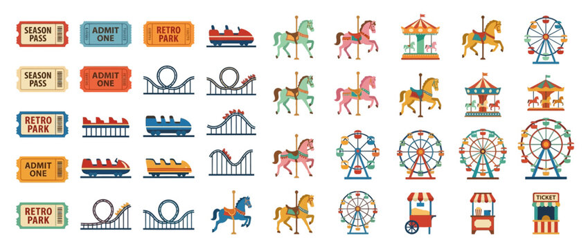 Amusement Park Icons: Roller Coasters, Ferris Wheels, Carousels, and Tickets