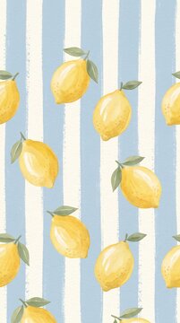 Watercolor lemon pattern with green leaves on blue striped background