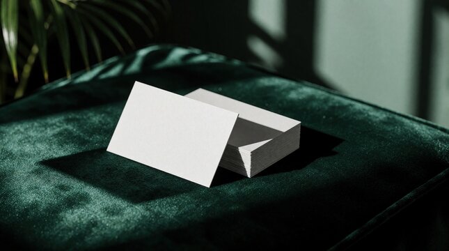 Stack of blank white business cards rests on plush dark green velvet fabric. A single card sits angled in front casting subtle shadow. Palm leaves cast dappled light.