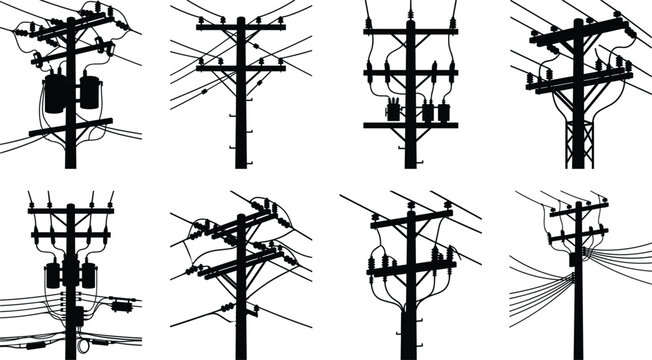 Collection of electric utility pole silhouettes with transformers and distribution lines for infrastructure and energy design