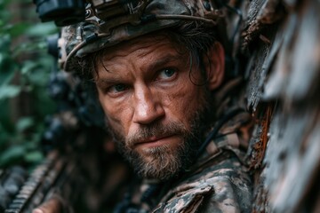 Fototapeta premium Camouflaged Man in Forest Gear