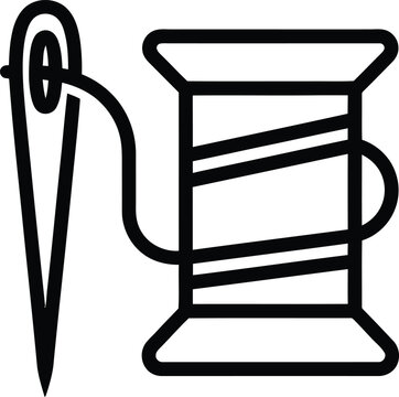 A simple black and white line art icon showing a sewing needle threaded with a spool of thread