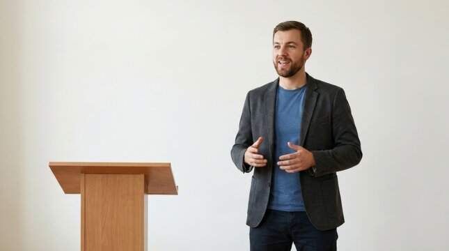 Confident Professional Man in a Gray Blazer and Blue Shirt Giving a Speech or Presentation Near a Wooden Lectern Against a Clean White Background with Copy Space