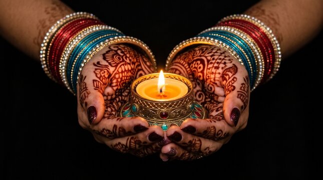 Woman holding a glowing diya lamp in her henna decorated hands with colorful bangles for diwali celebration