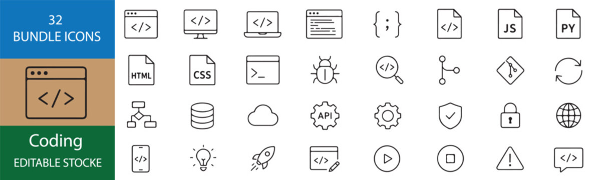 32 Coding Vector Outline Icons Set - Programming, Software Development, Web Coding, Debugging and UI UX Editable Black Line Icon Bundle