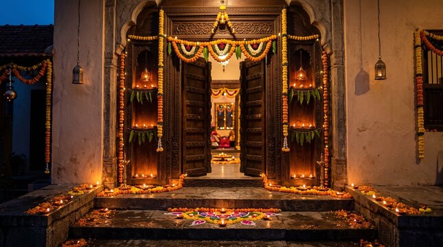 Traditional indian house entrance decorated with glowing oil lamps and marigold flowers for diwali festival celebration