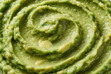 Obraz premium Fresh smashed avocado surface with swirling texture patterns. Green creamy vegetable paste closeup for food background. Healthy organic meal ingredient spread in macro view. Raw vegan dip mashed soft
