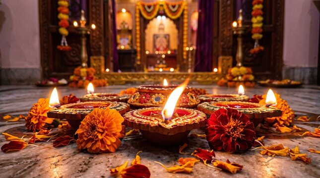 Traditional clay oil lamps lit with marigold flowers for the hindu festival of diwali in a temple