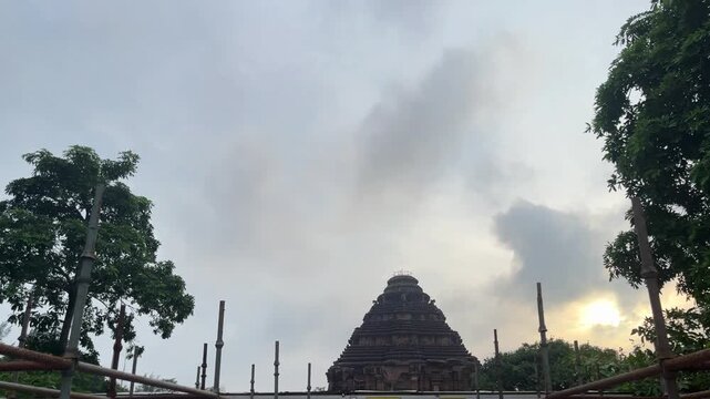 Tourist Destination Konark Sun Temple Monument Landscape View Odisha. Konark Sun Temple Archeological Site with Gardens and Greenery.