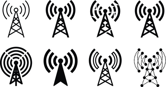 Cell phone antenna and radio signal tower vector icons set for wireless telecommunication broadcast network isolated on white background