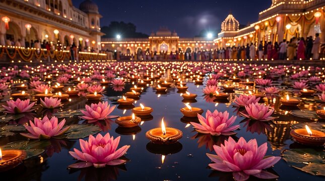 Beautiful illuminated floating lotus candles on water at night during a traditional indian religious festival celebration