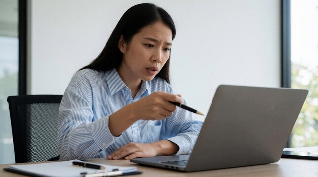 Young Asian woman works on laptop in bright modern office. Stressed female employee video call meeting. Frustrated business person points at computer screen arguing with boss. Displeased worker