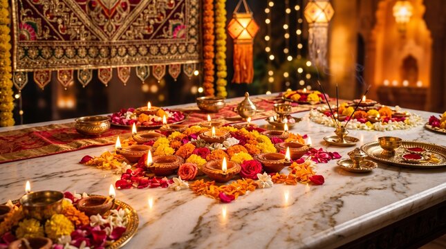 Festive diwali table setting with glowing oil lamps and colorful flower petals for traditional indian holiday celebration