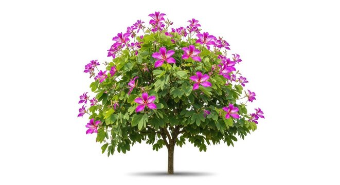 A vibrant Bauhinia purpurea tree featuring lush green leaves and bright purple orchid-like flowers, isolated on a solid white background, floral, arboreal, summer