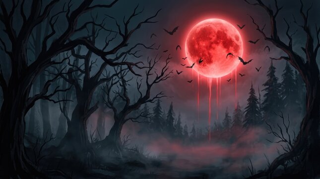 A spooky dark forest landscape featuring a glowing red moon rising above silhouetted bare trees in the misty night