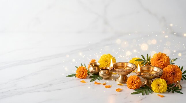 Beautiful festive background with traditional oil lamps and marigold flowers for diwali celebration on white surface