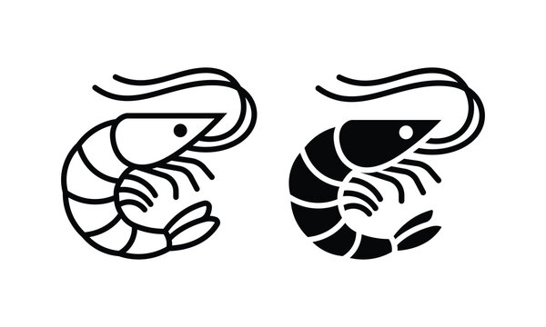 Shrimp icon prawn seafood set outline and solid silhouette vector isolated on white background