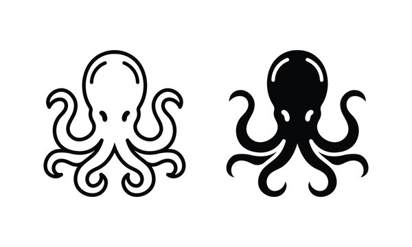 Octopus icon sea creature set outline and solid silhouette vector isolated on white background