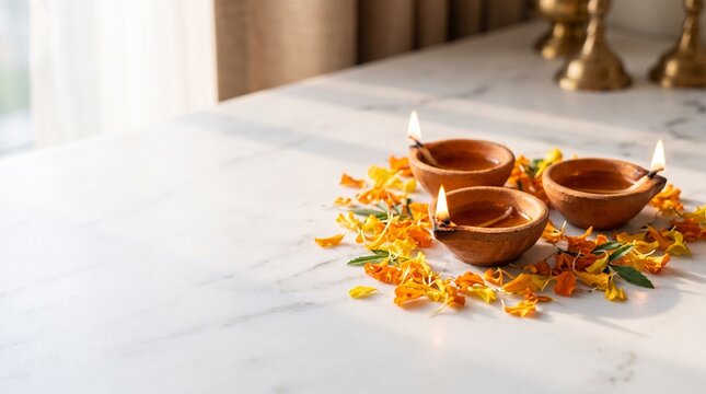 Traditional clay oil lamps lit for diwali festival celebration with marigold flower petals on a marble surface