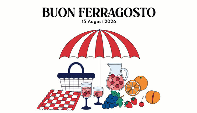 Buon ferragosto celebration illustration with picnic basket and fruit