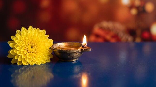Traditional clay diya lamp lit for diwali festival celebration with a bright yellow flower on blue surface