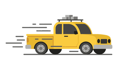 Obraz premium Cute yellow pickup truck driving fast with stylized speed lines and simple geometry on a white background, transport and logistics concept