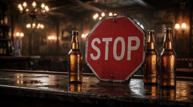 Red stop sign and beer bottles sit on a wet bar counter. Dark pub atmosphere with blurred lights and shelves of alcohol in background. Concept for alcohol awareness and addiction.