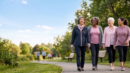 Fototapeta premium Women's Wellness Walk: A group of diverse women enjoy a refreshing outdoor walk along a park path, embracing a healthy lifestyle and companionship under a clear blue sky.