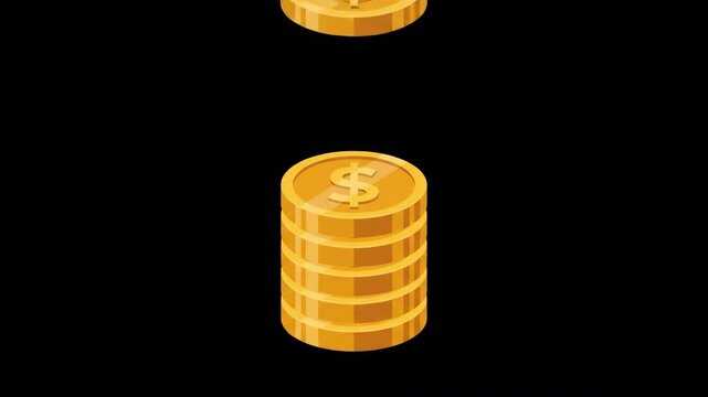 Gold Dollar Coins Stacking Up Animation on Black Background, Motion Graphics