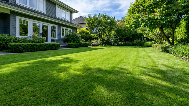 A well-manicured green lawn in front of a modern residential home. Ideal for landscaping, real estate, and gardening.