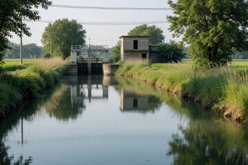 Obraz premium Water canal flows through green agricultural field with grass, trees. Small concrete sluice gate building stands beside quiet river stream in countryside. Calm surface reflects grey structure, nature