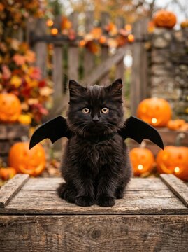 A cute fluffy black kitten wearing small bat wings sitting on a wooden crate surrounded by autumn pumpkins
