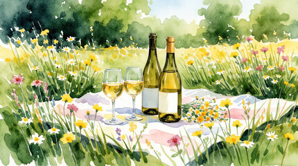 Obraz premium Watercolor painting of wine picnic in summer field. Bottles, filled glasses sit on blanket amidst blooming wildflowers. Outdoor scene shows nature with greenery, grass. Relaxing leisure activity for