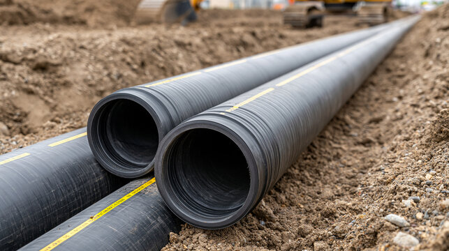 Large black HDPE pipes installed in a narrow construction trench. Infrastructure development for modern utility piping.