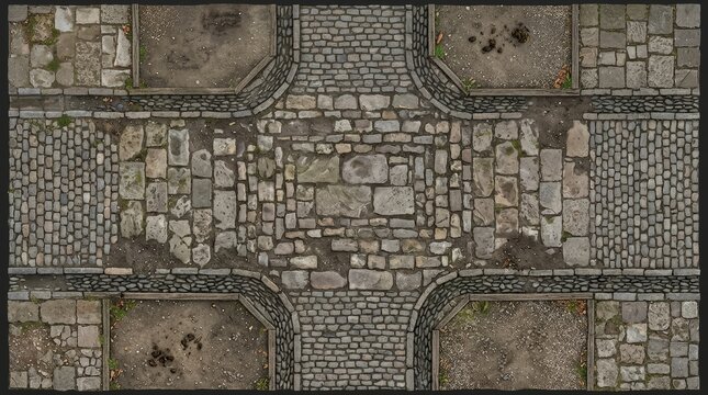 Overhead view of an ancient cobblestone and flagstone street intersection with dirt paths, gravel, and natural wear. Ideal for game maps or historical scenes.